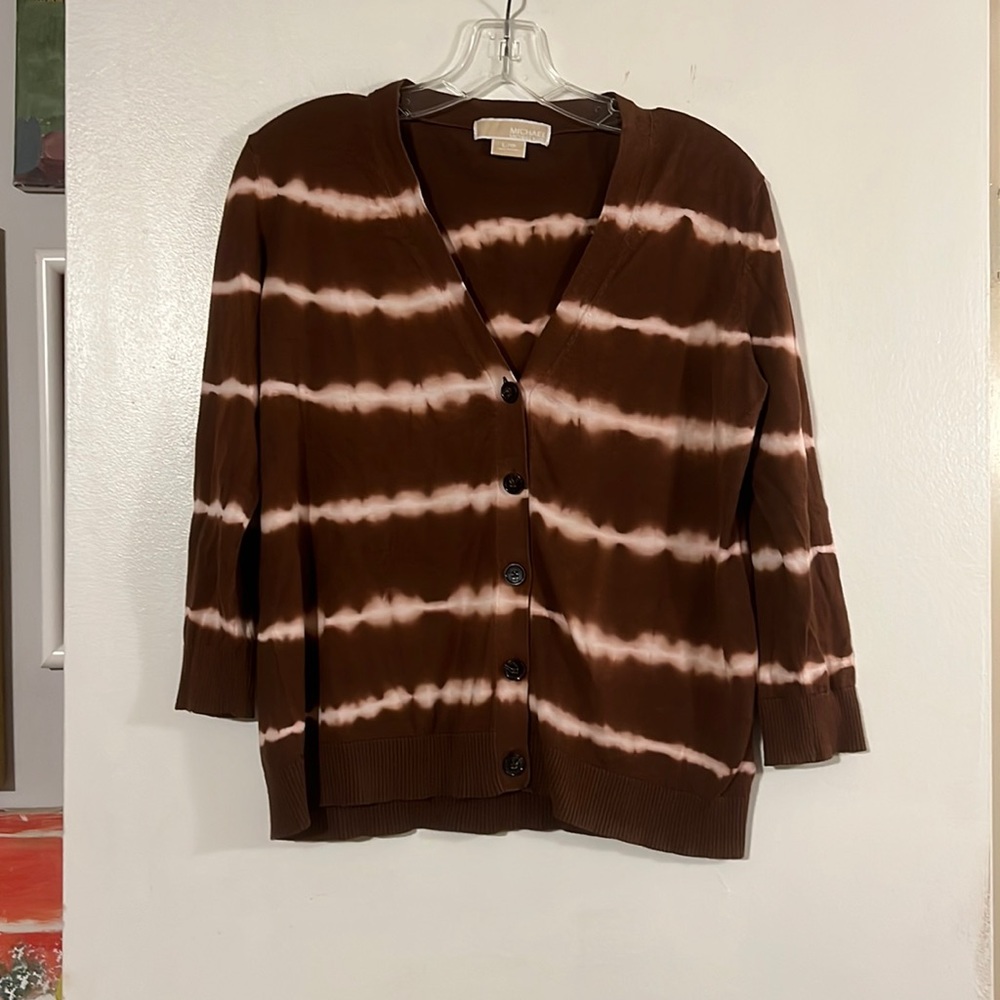 Michael Kors brown/cream cardigan sweater. 3/4 length sleeve